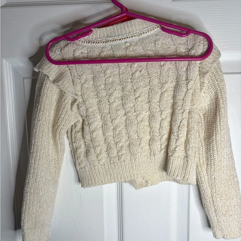 Badgley Mischka Cream Cable Knit Pearl Button Gold Metallic Sweater Set Girl 3T